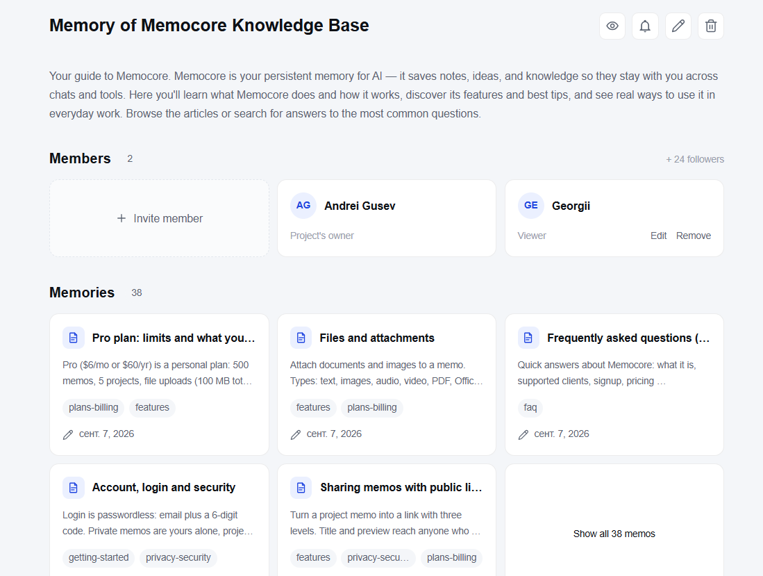A project in the Memocore web app: memo list and tags