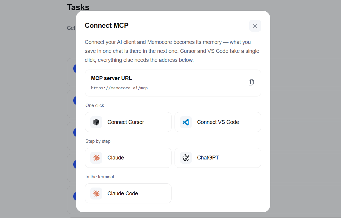 The Connect MCP dialog in Memocore