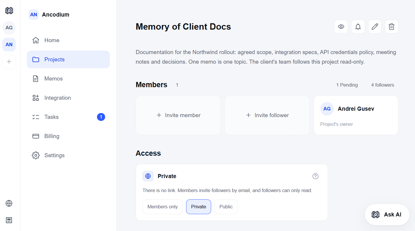 The Access block on a project page