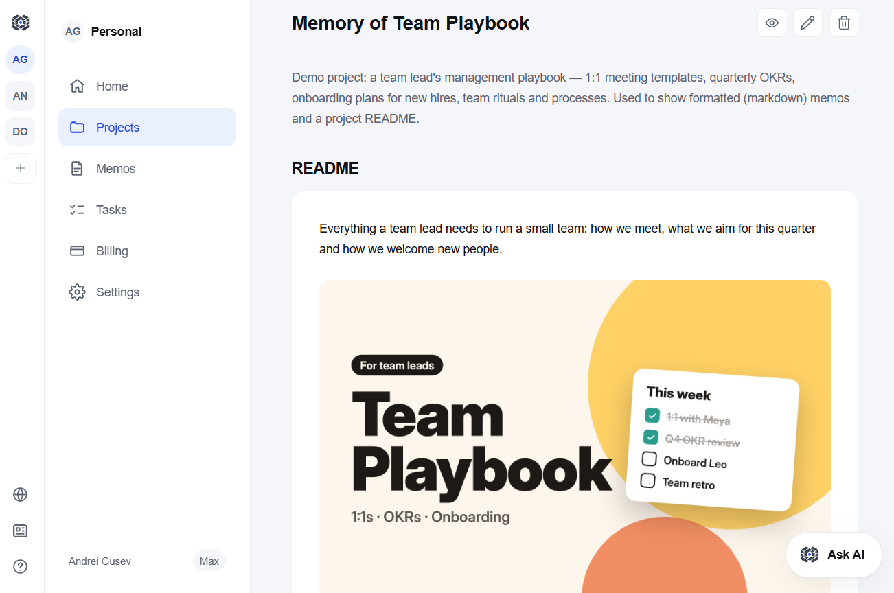 A project page with the README above the list of memos