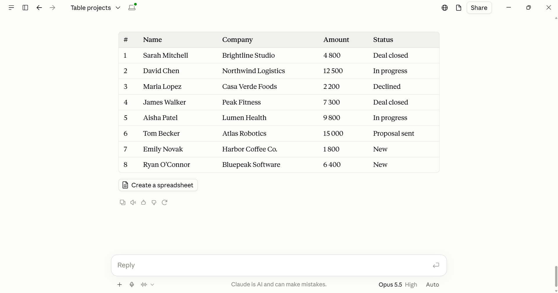 The same leads table in a chat with the agent