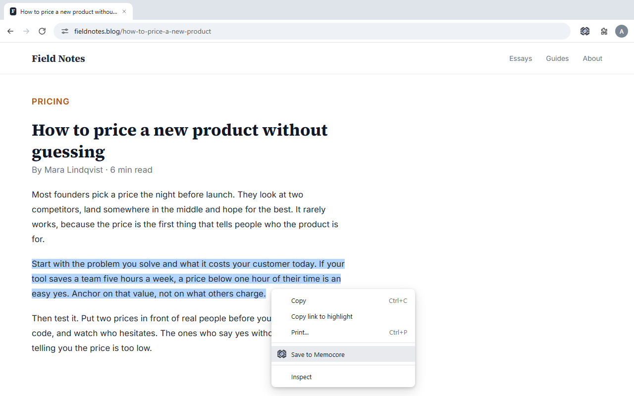 Selected text and the Save to Memocore item in the Chrome right-click menu
