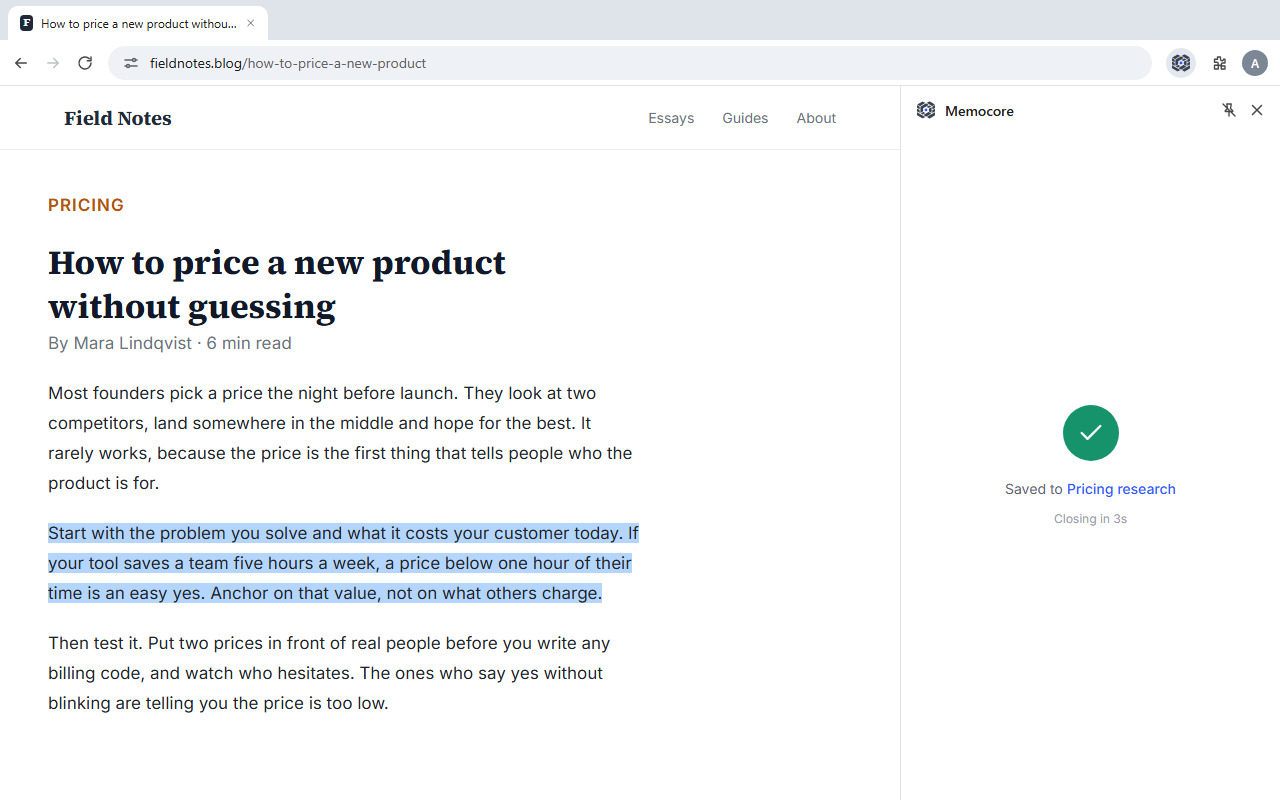 The side panel after saving: Saved to Pricing research
